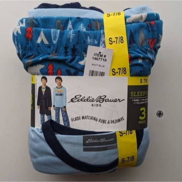 Eddie Bauer Blue 3-piece Pajamas Set with fleece robe for boys, size S - Picture 5 of 6